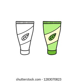 Doodle outline and colored cosmetic cream in tube isolated on white background.