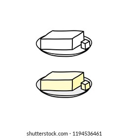 Doodle outline and colored creamy butter or margarine on the plate isolated on white background.