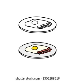 Doodle outline and colored fried eggs with bacon on the plate isolated on white background.