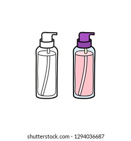 Doodle outline and colored hair serum or oil in bottle isolated on white background.