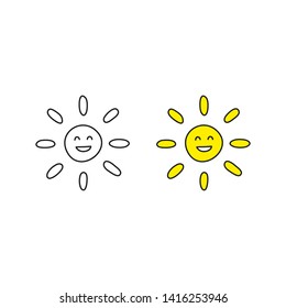 Doodle outline and colored happy smiley sun icons isolated on white background.