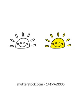 Doodle outline and colored happy smiley sun icons isolated on white background.