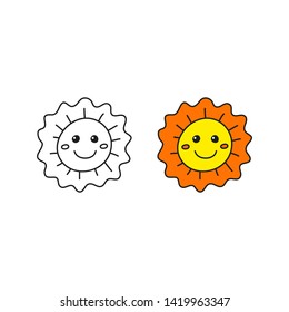Doodle Outline And Colored Happy Smiley Sun Icons Isolated On White Background.