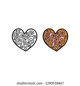 Doodle outline and colored heart shaped cookie isolated on white background