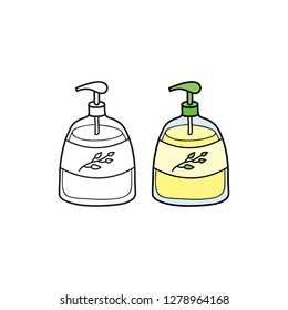 Doodle outline and colored liquid hand soap isolated on white background.