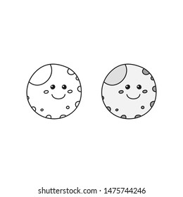 Doodle outline and colored moon smiley character isolated on white background.