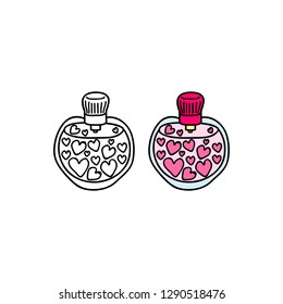 Doodle outline and colored perfume bottle with hearts isolated on white background.