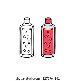 Doodle outline and colored shampoo or shower gel isolated on white background.