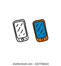 Doodle outline and colored smartphone isolated on white background.