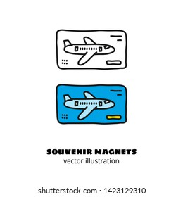 Doodle outline and colored souvenir magnet or sticker with plane isolated on white background.