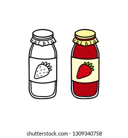 Doodle outline and colored strawberry jam in glass bottle isolated on white background.
