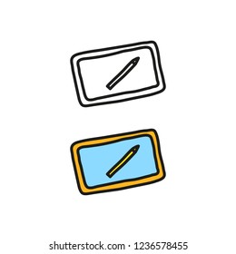 Doodle outline and colored tablet with stylus isolated on white background.