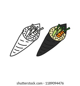 Doodle outline and colored temaki sushi isolated on white background.