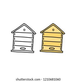 Doodle outline and colored wooden beehive isolated on white background.