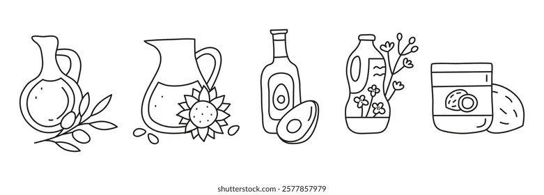 Doodle outline cooking oil in glass and plastic packages isolated on white background. Sunflower, olive, rapeseed, coconut, avocado oil bottles. Healthy nutrition concept. Vegetable fats.