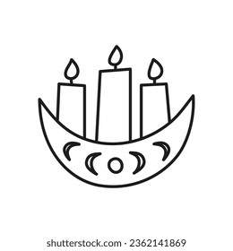 Doodle outline crescent with candles and moon phases isolated on white background.