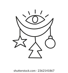 Doodle outline crescent moon with third eye, fir tree, Christmas ball and star isolated on white background.