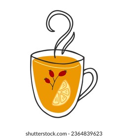 Doodle outline cup of hot tea with lemon. Vitamin healthy drink. Healthy lifestyle concept. cozy autumn winter element