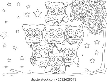 Doodle Outline of Cute Owls on a Branch with Stars - Coloring Page, A simple black and white outline illustration of a group of cute doodle-style owls perched on a tree branch, surrounded by stars.