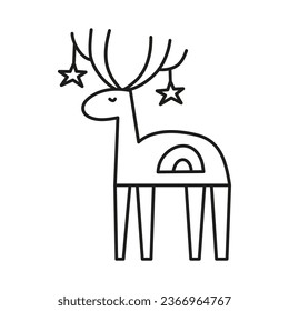 Doodle outline deer with rainbow and stars isolated on white background. Cute New year symbol.