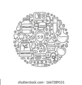 Doodle outline diabetes items, including insulin pen, pump, tonometer, blood drop, glucometer, flask, sweetener, heart, test tube composed in circle shape. Can be used for posters, cards, flayers.