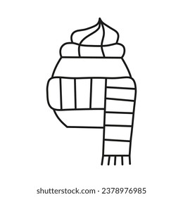 Doodle outline drink with whipped cream in cup and scarf isolated on white background.