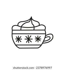 Doodle outline drink with whipped cream isolated on white background. Outline seasonal winter drink.