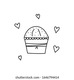 Doodle outline Easter kulich cake or Christmas panettone and hearts around isolated on white background.