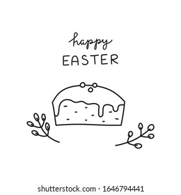 Doodle outline Easter kulich cake or panettone, pussy willow twigs and lettering isolated on white background.