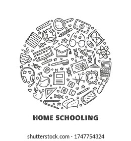 Enseñanza del contorno del doodle, iconos de aprendizaje electrónico que incluyen computadora, teléfono, regla, globo, divisor, lámpara, auriculares, calculadora, vidrio de la sala, libro, etc. compuestos en forma de círculo.