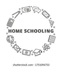 Doodle outline education, e-learning icons including computer, phone, ruler, globe, divider, lamp, headphones, calculator, hourglass, book and lettering composed in circle shape.