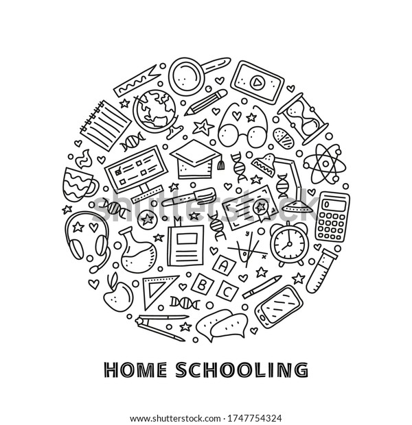 Doodle outline\
education, e-learning icons including computer, phone, ruler,\
globe, divider, lamp, headphones, calculator, hourglass, book, etc\
composed in circle\
shape.