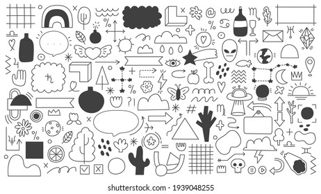 Doodle outline elements. Abstract doodle sketches, decorative frames, arrows and ribbons. Hand drawn doodle shapes vector illustration set