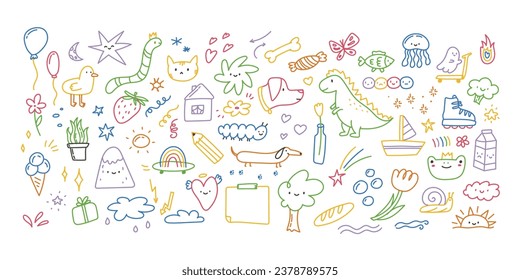 Doodle outline elements set in kids scribble style. Trendy squiggle hand-drawn vector illustration. Editable stroke