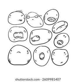 Doodle outline faces with different emoji. Hand drawn sketch illustration.  Cute smiles