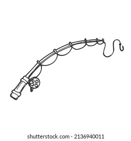 Doodle outline fishing rod icon isolated on white background.