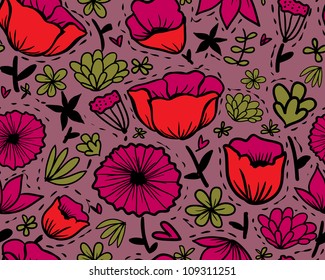 Doodle outline flowers seamless pattern.