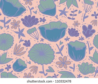 Doodle outline flowers seamless pattern.