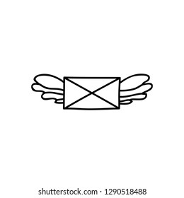 Doodle outline flying envelope with wings isolated on white background.