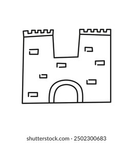 Doodle outline fortress or castle icon isolated on white background.