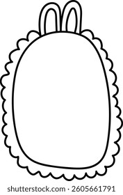 A doodle outline frame with scalloped edges and two ears at the top in a simple style. The frame features a playful border and bunny-like ears in a minimalist sketch. Cartoon vector illustration.