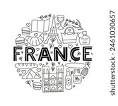 Doodle outline France landmarks and attractions compose in circle shape isolated on white background. Travel concept background.
