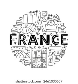 Doodle outline France landmarks and attractions compose in circle shape isolated on white background. Travel concept background.