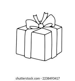 Doodle outline gift box with bow. Hand drawn line illustration isolated on white background. Surprise for Christmas or birthday