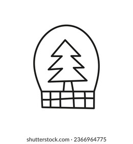 Doodle outline glass ball with fir tree isolated on white background. Cute New year symbol.