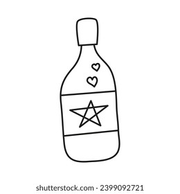 Doodle outline glass bottle with pentagram devil star isolated on white background.