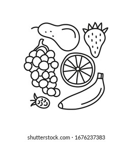 Doodle outline grape, pear, strawberry, banana, orange, raspberry isolated on white background. Group of fruits and berries.