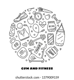 Doodle outline gym and fitness icons composed in circle shape.