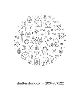 Doodle outline Halloween icons including pumpkins, bat, witch hat, ghost, snakes, gravestone, hands, sun, moon, mushrooms, bones, scull, candles, etc composed in circle shape.