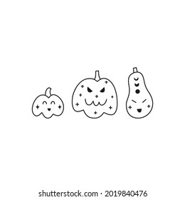 Doodle outline Halloween pumpkins with moon phases and stars isolated on white background.